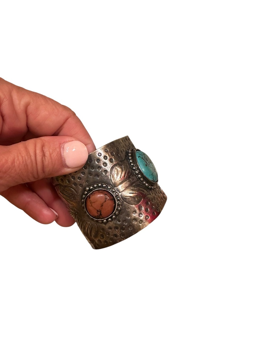 Turquoise Stone Silver-Tone Cuff Bracelet - Women Jewelry - Picture 3 of 3